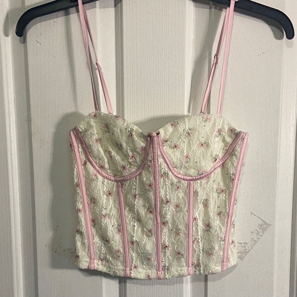 Cream Lace Floral Bustier Cami with Pink Trim